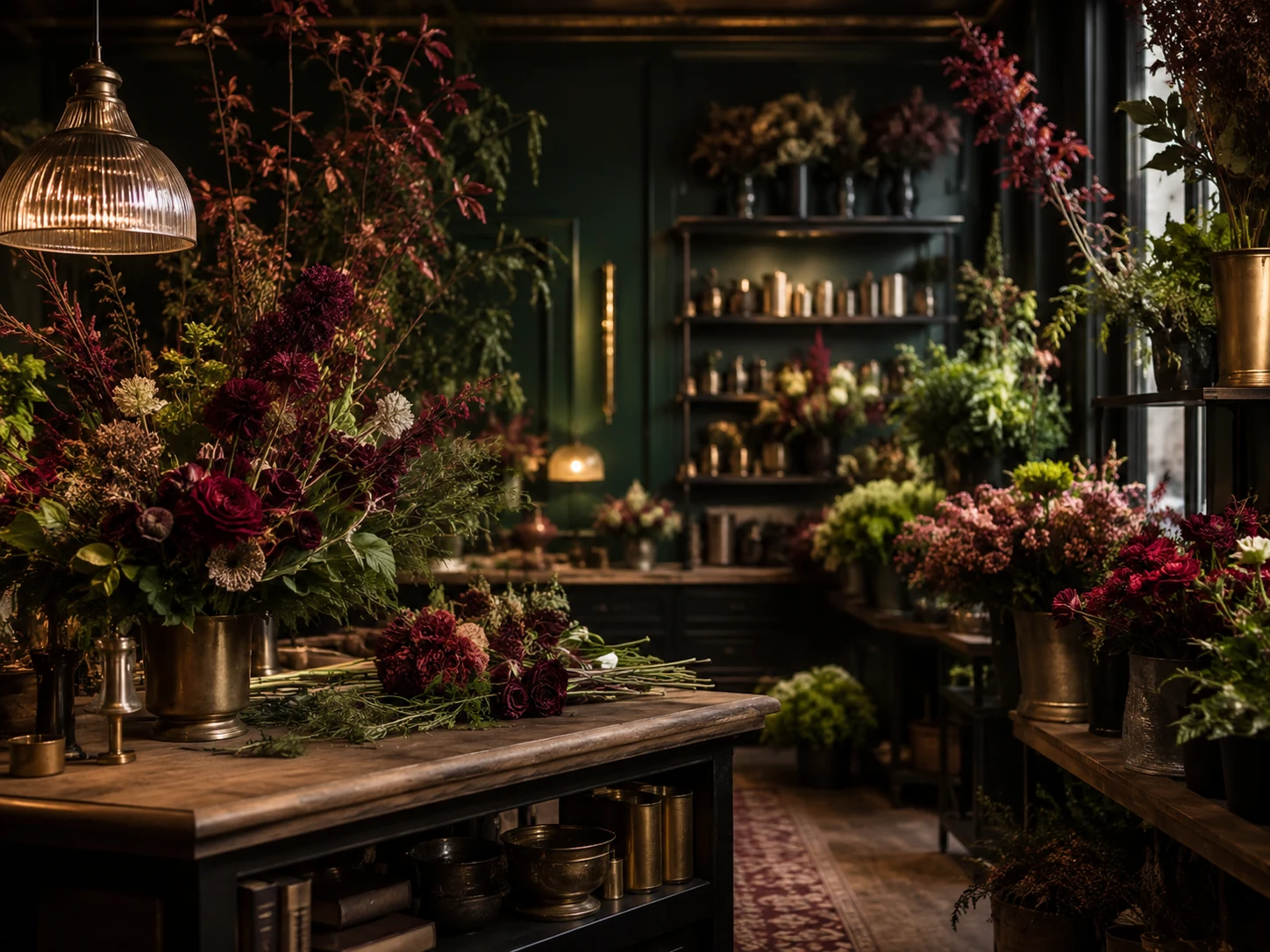 The Royal Stems floral atelier filled with burgundy flowers and antique gold vessels