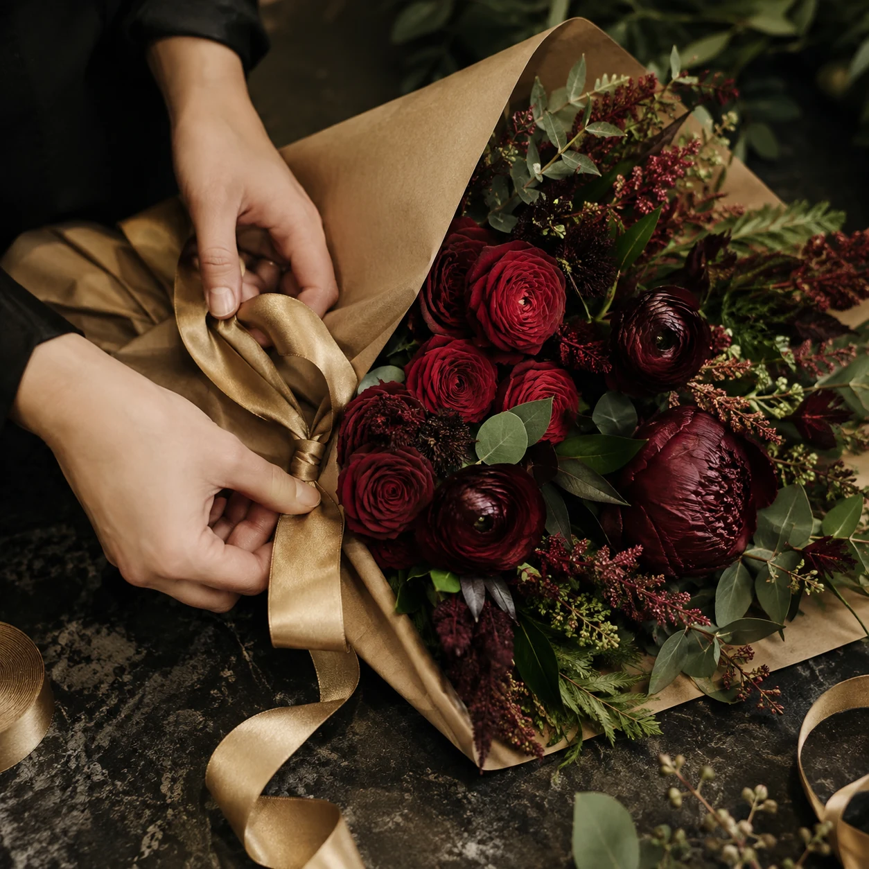 Florist tying a gold ribbon around a handcrafted burgundy bouquet