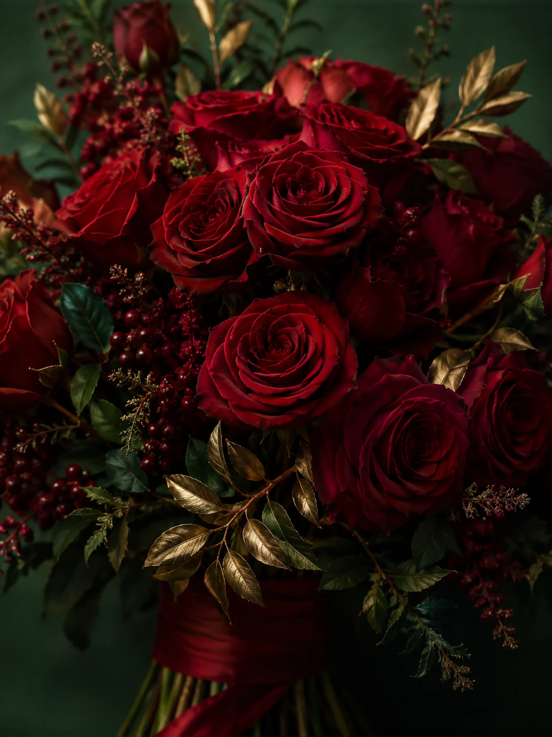 Opulent hand tied bouquet of red roses and gold foliage
