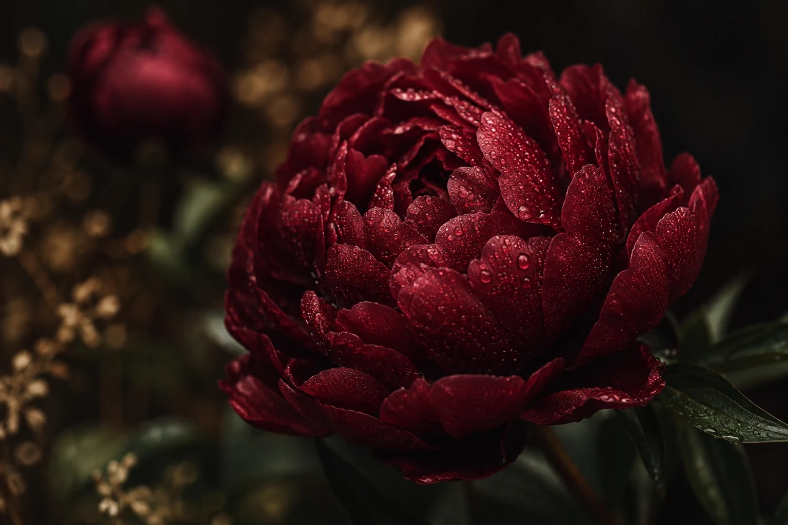 Close detail of a burgundy peony with morning dew