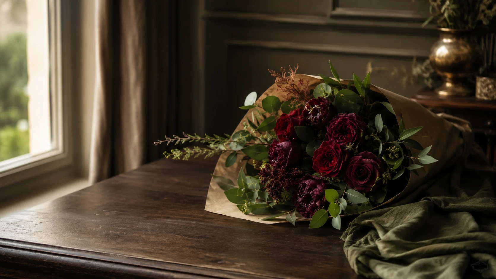 Burgundy bouquet resting on an elegant wooden table