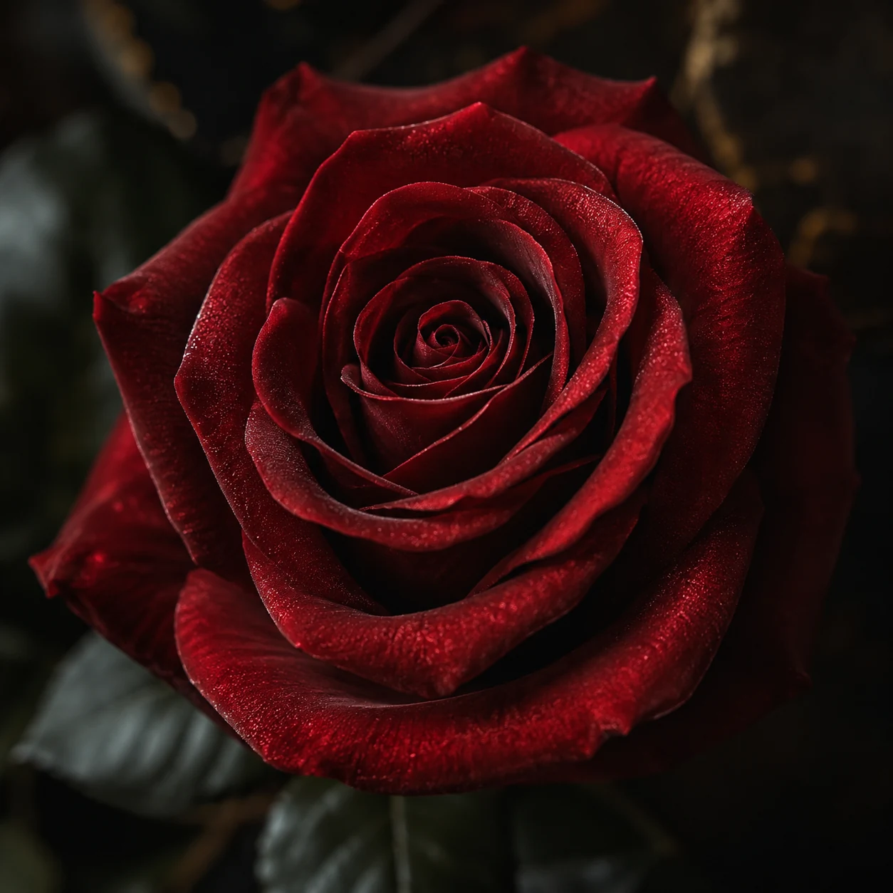 Velvety deep red rose in full bloom